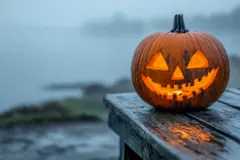Spooky halloween pumpkin Jack O' lantern with evil face on wooden bench in misty night scene