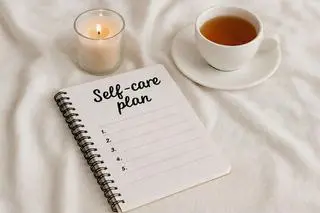 Simple self-care plan on notebook with title 'Self-care plan' and bullets numbered one to five , candle, and cup of tea for relaxation and wellness. concept of mindfulness, organized lifestyle, cozy home environment