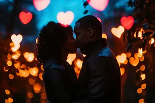 Couple kissing against the background of bokeh of hearts